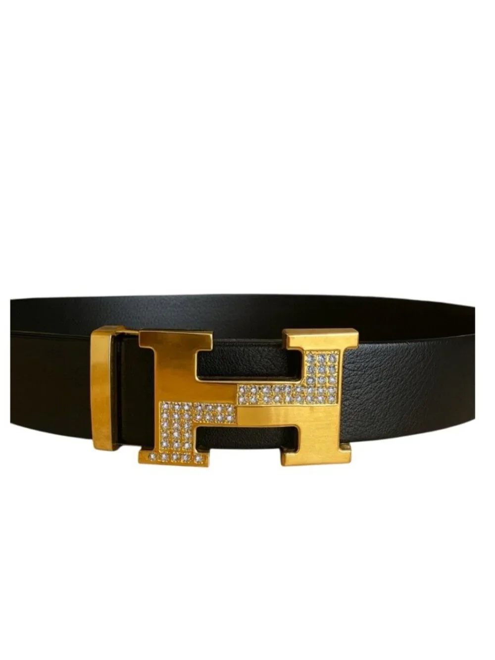 Elegant Fashion Belt Rhinestone Gold Buckle PU Leather Black Length 49 in